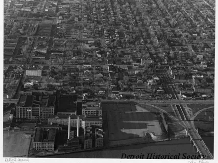 Print, Photographic - Detroit Aerial; Belle Isle Bridge meets Jefferson, lower Right