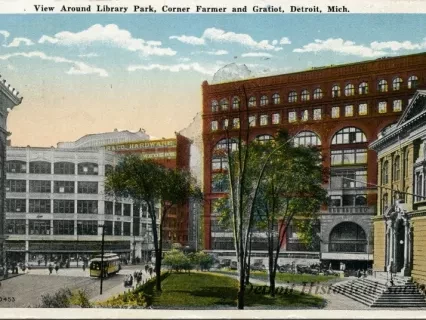 Postcard - View Around Library Park, Corner Farmer and Gratiot, Detroit, Mich.