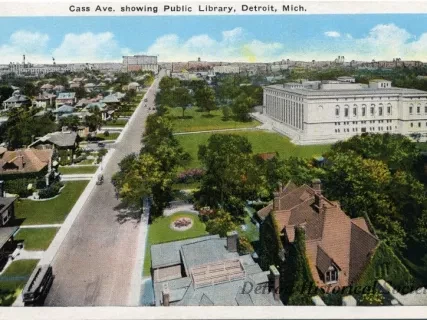 Postcard - Cass Ave. showing Public Library, Detroit, Mich.