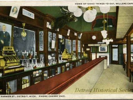 Postcard - Home of Good Things to Eat, Millers Cafe.
59 Farmer St., Detroit, Mich. Phone Cherry 2401.