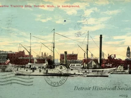 Postcard - Wolverine Training Ship, Detroit, Mich., in background.