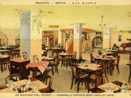 Postcard - Beautiful - Restful - Old Madrid
153 Michigan Ave., Detroit - Diagonally Opposite Book Cadillac Hotel