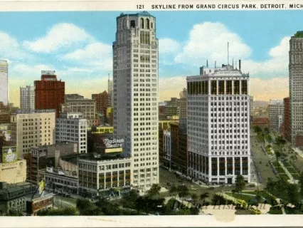 Postcard - Skyline from Grand Circus Park, Detroit, Mich.