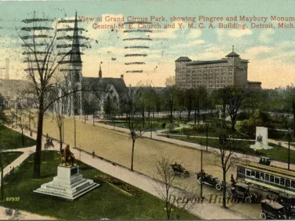 Postcard - View of Grand Circus Park, showing Pingree and Maybury Monuments, Central M.E. Church and Y.M.C.A. Building, Detroit, Mich.