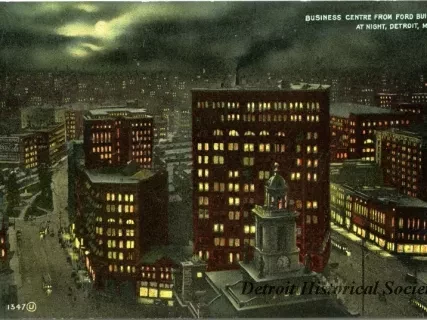 Postcard - Business Centre from Ford Building, at Night, Detroit, Mich.