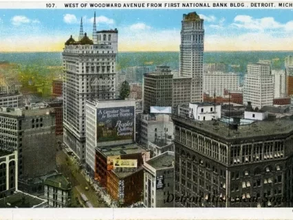Postcard - West of Woodward Avenue from First National Bank Bldg., Detroit, Mich.