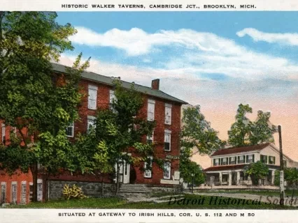 Postcard - Historic Walker Taverns, Cambridge Jct., Brooklyn, Mich.
Situated at Gateway to Irish Hills, Cor. U. S. 112 and M 50