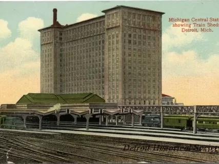 Postcard - Michigan Central Station, showing Train Sheds, Detroit, Mich.