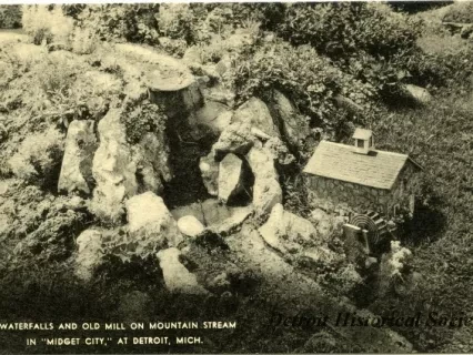 Postcard - Waterfalls and Old Mill on Mountain Stream in "Midget City," at Detroit, Mich.