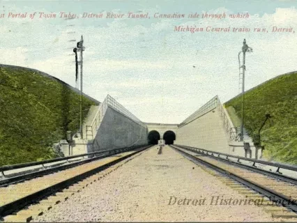 Postcard - East Portal of Twin Tubes, Detroit, River Tunnel, Canadian Side, through which Michigan Central trains run, Detroit, Mich.