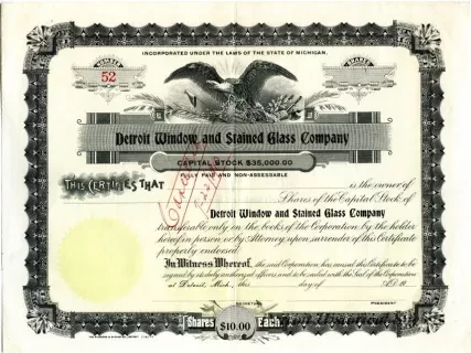 Certificate, Stock - Detroit Window and Stained Glass Company