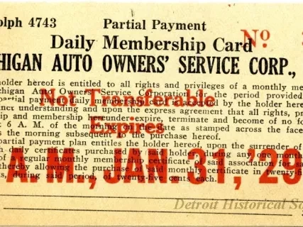 Card, Membership - Michigan Auto Owners'  Service Corporation, Inc.