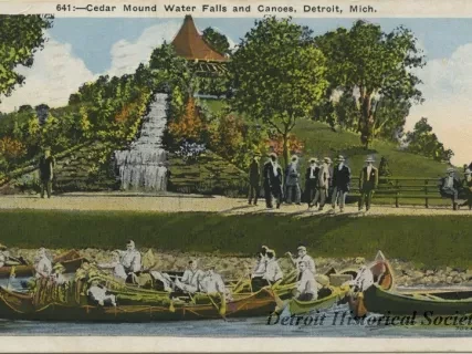 Postcard - Cedar Mound Water Falls and Canoes, Detroit, Mich.