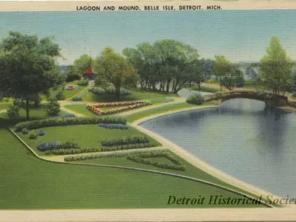 Postcard - Lagoon and Mound, Belle Isle, Detroit, Mich.