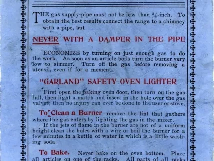 Card, Instruction - The Garland Gas Range