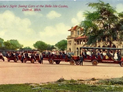Postcard - Dietsche's Sight Seeing cars at the Belle Isle Casino, Detroit, Mich.