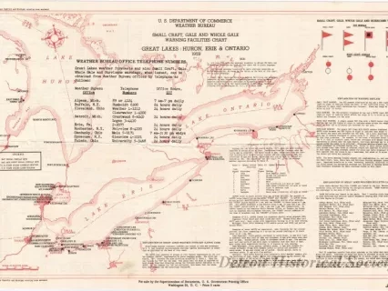 Chart, Informational - U. S. Department of Commerce, Weather Bureau
Small Craft, Gale, and Whole Gale Warning Facilities Chart
Great Lakes: Huron, Erie & Ontario, 1959