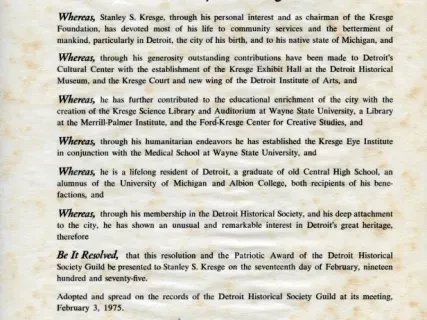 Resolution - Detroit Historical Society Testimonial Resolution to Stanley S. Kresge