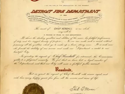 Resolution - Record of John Kendall, A Member of the Old Volunteer Fire Department at the Time of the Organization of the Present Detroit Fire Department in 1865