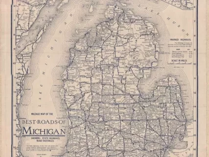 Map - Mileage Map of the Best Roads of Michigan,
Showing State Highways, Road Distances.