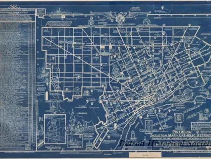 Map - Pictorial Skeleton Map of Catholic Detroit,
Showing Name, Address and Location of Each Church