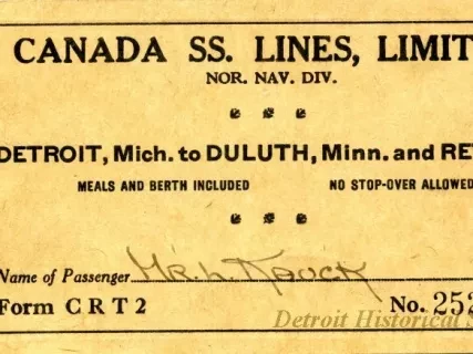 Ticket, Transportation - Canada SS. [Steamship] Lines, Limited
Nor. Nav. Div. [Northern Navigation Division]