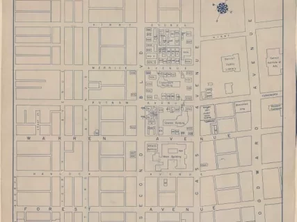Blueprint - Wayne University Campus, 
A New Base Map by R. W. Kelley and J. C. MacLachlan, Jan., 1948