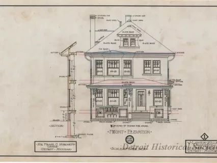 Drawing, Architectural - Residence for Mr. Frank C. Moriarty, Owner, 
Detroit, Michigan - Front Elevation