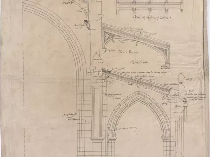 Drawing, Architectural - Cross Section Through Nave and Aisles Showing Truss and Roofs,
Transept Window