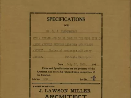 Specification - Specifications for Mr. S. J. Hardenbergh for a Repair Job to Be Done on the West Side of Avery Avenue Between Lysander and Forest Avenues, Detroit, Michigan.