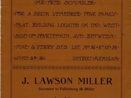 Specification - Specifications for Mr. Fred Schindler for a Brick Veneered Four Family Flat Building Located on the West Side of Fourteenth Ave. Between Pine & Perry St's., Lot No. 73 + 3 Ft. of 76, Detroit, Michigan.
