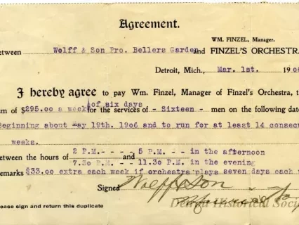Contract - Agreement Between Wolff & Son Pro. Bellers Garden and Finzel's Orchestra