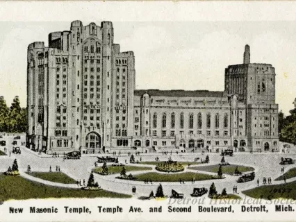 Card, Souvenir - New Masonic Temple, Temple Ave. and Second Boulevard, Detroit, Mich.