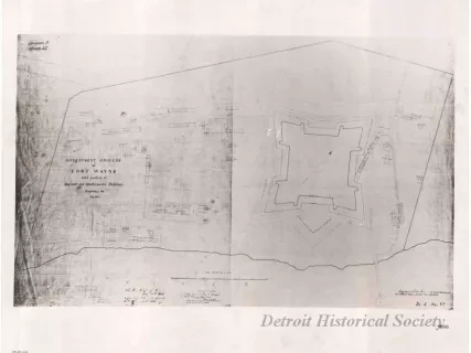 Drawing, Technical - Government Grounds at Fort Wayne 
with Position of Engineer and Quartermaster Buildings, Roadways &c.,
Aug. 1866