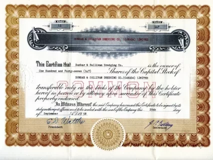 Certificate, Stock - Dunbar & Sullivan Dredging Co. (Canada) Limited