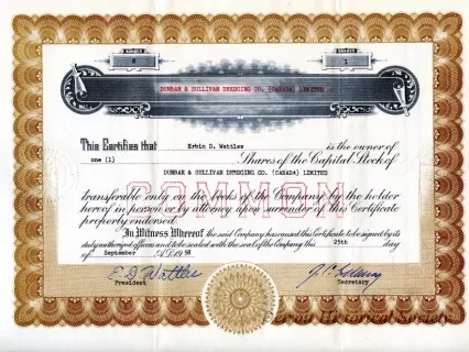 Certificate, Stock - Dunbar & Sullivan Dredging Co. (Canada) Limited