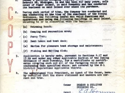 Letter - Dunbar & Sullivan Dredging Co. 
Sugar Island, Non Conforming Use Registration and Petition for Certificate, Township of Grosse Ile, Michigan
