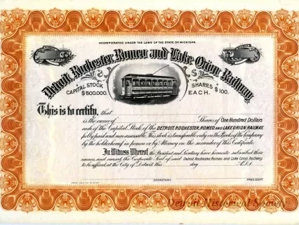 Certificate, Stock - Detroit, Rochester, Romeo and Lake Orion Railway