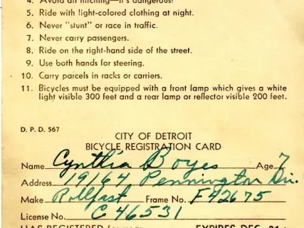 Card, Documentary - City of Detroit
Bicycle Registration Card