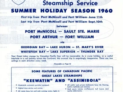 Brochure - Canadian Pacific Great Lakes Steamship Service,
Summer Holiday Season Schedule for 1960