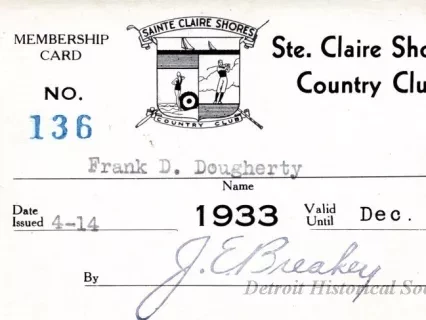 Card, Membership - Ste. Clair Shores Country Club