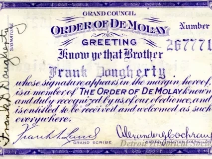 Card, Membership - Grand Council,
Order of DeMolay