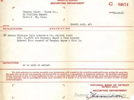 Form, Order - National Bank of Detroit