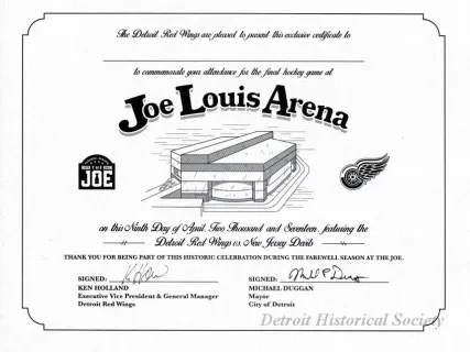 Certificate, Commemorative - Joe Louis Arena