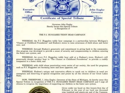 Certificate - The P. J. Huggabee Teddy Bear Campaign