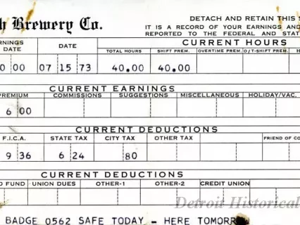 Stub, Paycheck - The Stroh Brewery Company