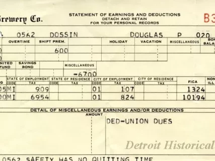 Stub, Paycheck - The Stroh Brewery Company