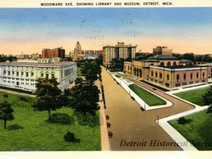 Postcard - Woodward Ave. Showing Library and Museum. Detroit. Mich.