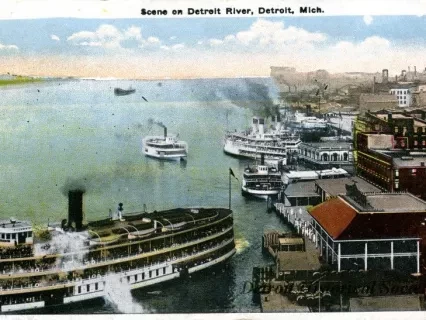 Postcard - Scene on Detroit River, Detroit, Mich