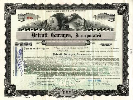 Certificate, Stock - Detroit Garages, Incorporated